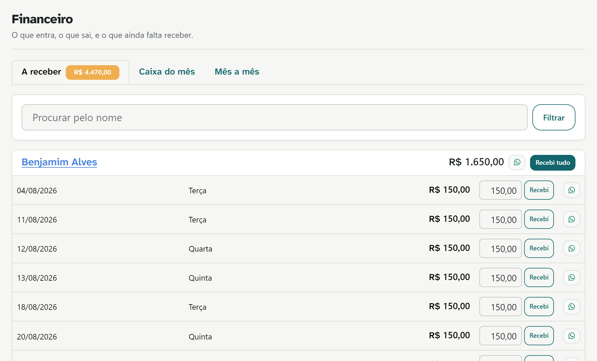 Lista de quem deve: cada sessão em aberto com o valor e os botões Recebi e WhatsApp.